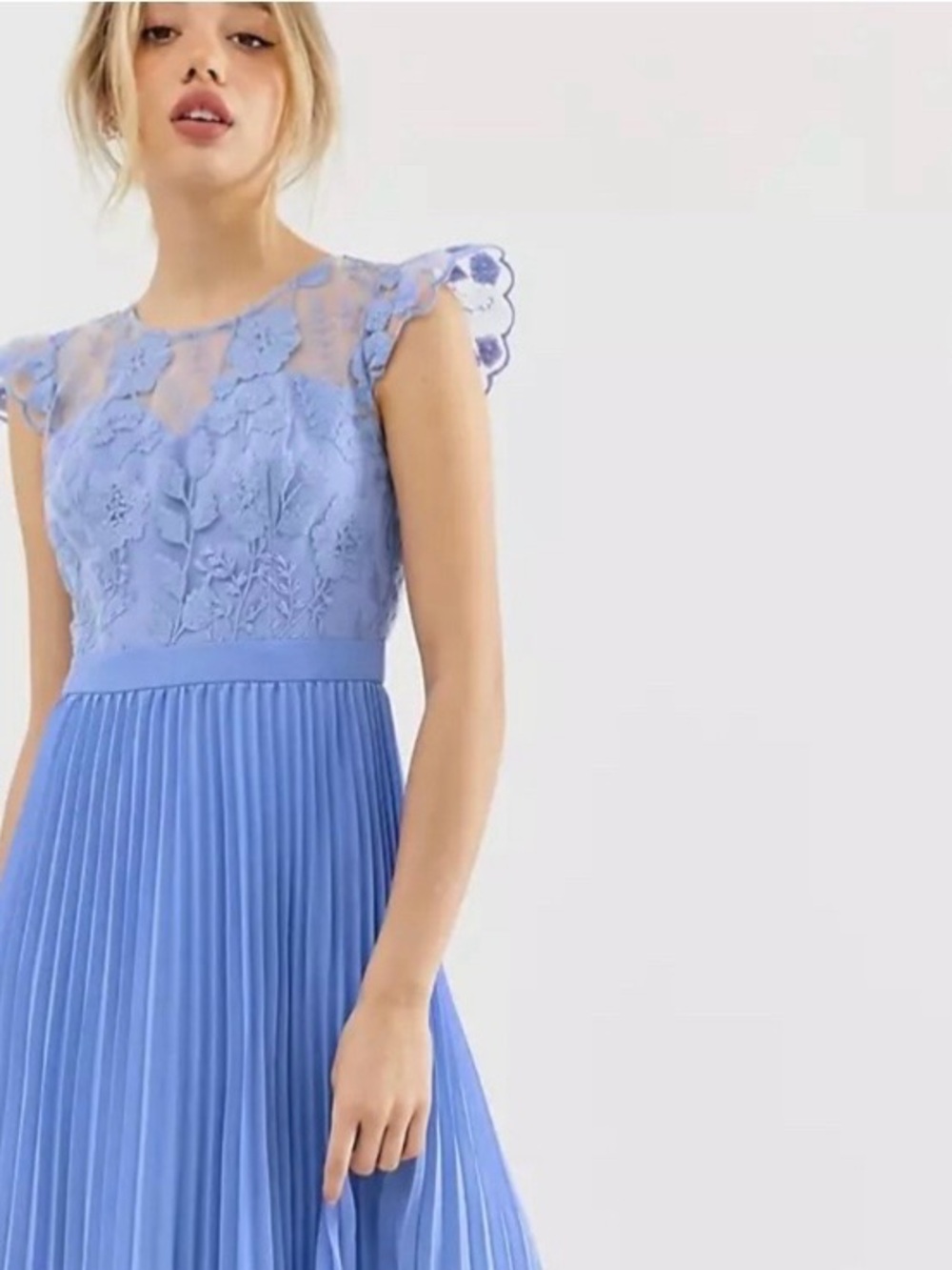 Chi Chi London Periwinkle Lace Bodice Pleated Midi Dress